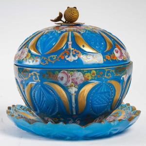 Bonbonnière Made Of Opaline Enamelled In Gold, Antique From The 19th Century.