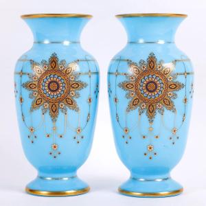 Rare Pair Of Enamelled Opaline Vase, 19th Century