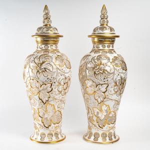 Beautiful Pair Of Bohemian Vases Enameled In Gold, 19th Century.