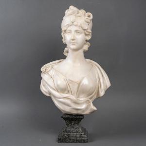 Princess Bust In White Marble, Italian Work, Signed
