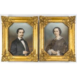 Paire De Portraits Nobles – Pastels Sur Carton, Signés Et Datés 1865