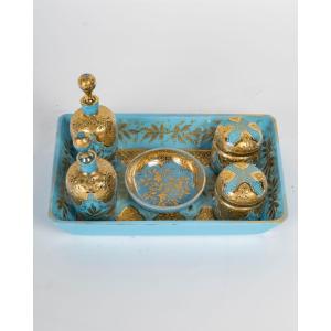 Rare Service En Opaline Turquoise émaillé En Or, 19eme Siècle 