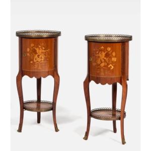 Paire De Tables Tambour De Style Transition En Bois Précieux Et Bronze Doré