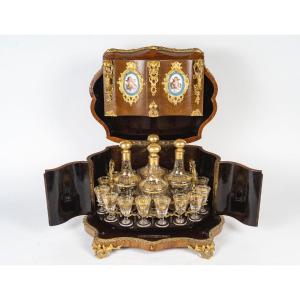 Rare 19th Century Wooden And Sèvres Porcelain Liqueur Cellar