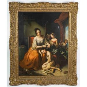 Family Scene Painting – Oil On Canvas, 19th Century