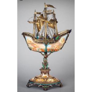 Navire Autrichien en Argent et Émail – Vers 1880