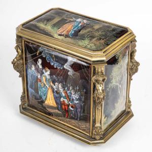 Coffret en bronze doré et émaux polychromes peints, signé L. Coblents