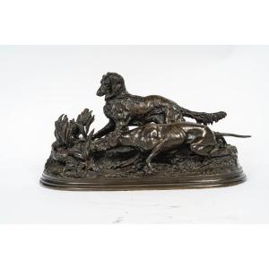 Bronze « Deux chiens à l’affût d’une perdrix » d’après Pierre-Jules Mêne (1810-1879)
