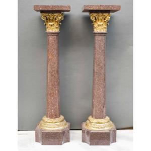 paire de colonnes en marbre porphyre, montures en bronze doré, 19ᵉ siècle