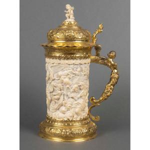 Rarissime tankard en argent doré (vermeil) et ivoire sculpté, 19ᵉ siècle