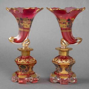 Pair Of Bohemian Crystal Bottles Enameled With Gold