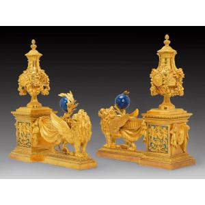 Pair Of Louis XVI Style Gilt Bronze Andirons "with Winged Lions", Paris, Maison Beurdeley