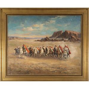 SCÈNE DE CAVALIERS BERBÈRES DANS LE DÉSERT – HUILE SUR TOILE, FIN 19e SIÈCLE