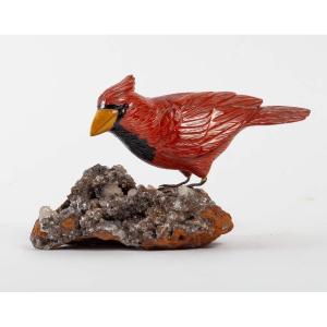 OISEAU EN MARBRE SUR BASE EN CALCITE, 20E SIÈCLE