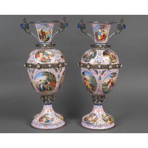 Pair Of Silver Enamelled Covered Vases - Hermann Böhm, Vienna, Late 19th Century