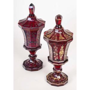 Pair Of Red Bohemian Glass Goblets, Floral Design – 19th Century