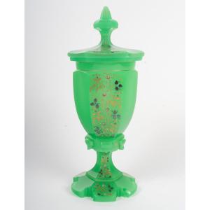 19th-century Green Opaline Covered Vase