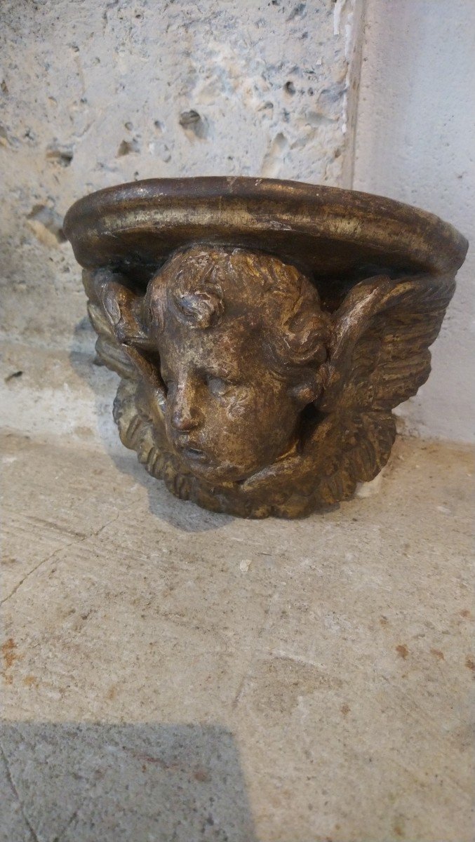 Small Wall Console In Golden Wood With Angel Head Decor 18th -photo-2