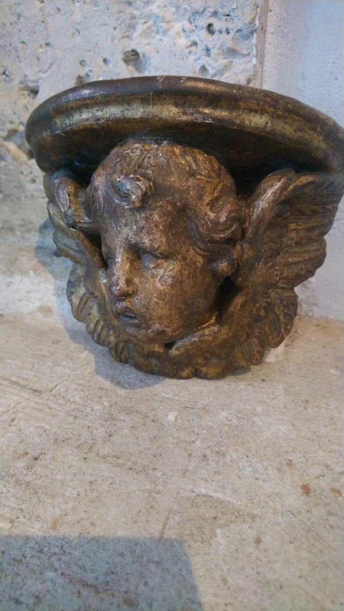 Small Wall Console In Golden Wood With Angel Head Decor 18th -photo-1