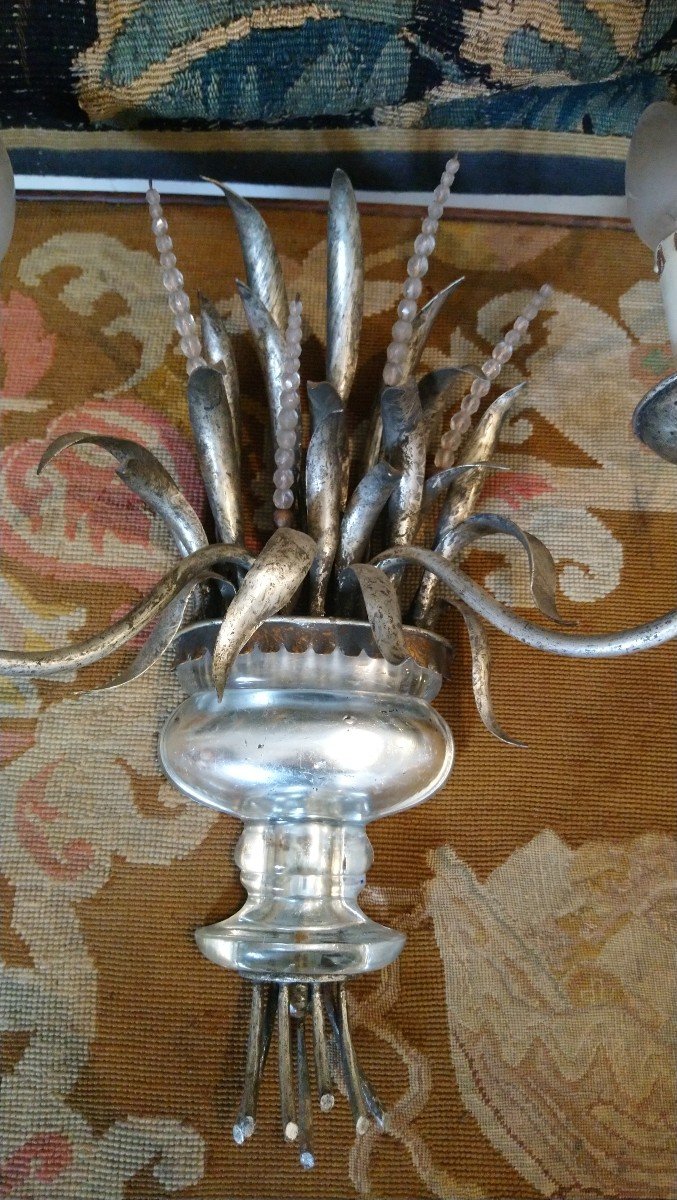 Paire D Appliques En Tôle Et Verre Dans Le Goût De La Maison Bagues Vers 1970 -photo-8