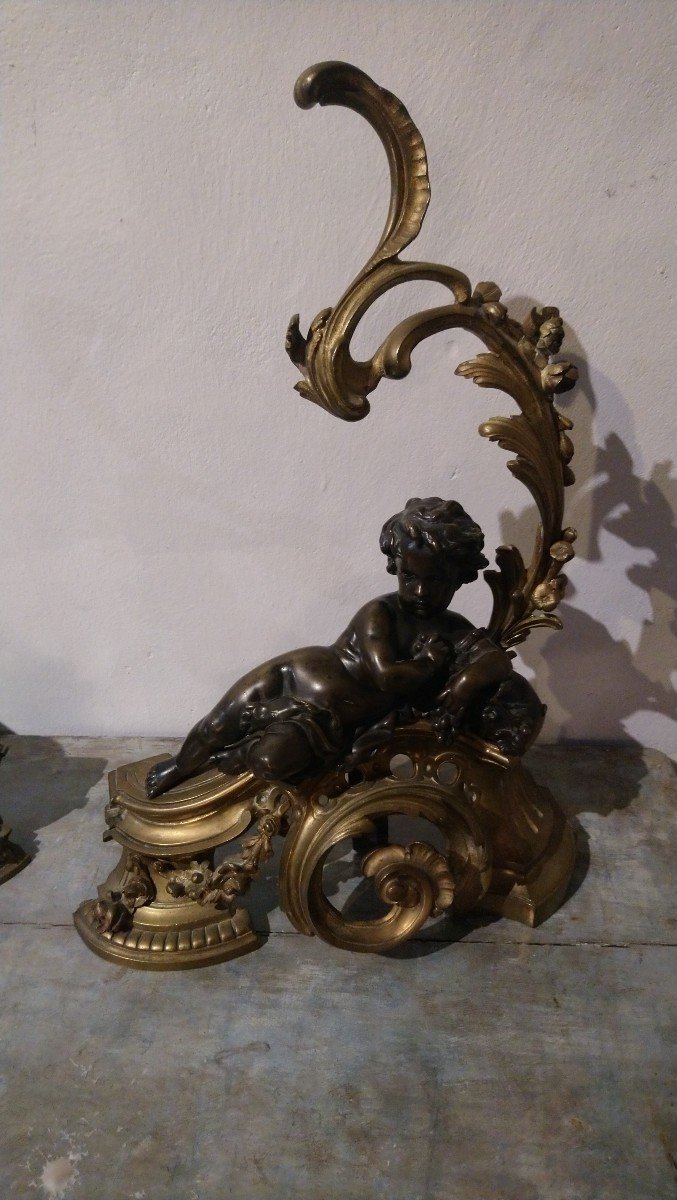 Paire De Chenets En Bronze Aux Amours 19e -photo-1