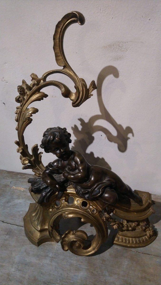Paire De Chenets En Bronze Aux Amours 19e -photo-2