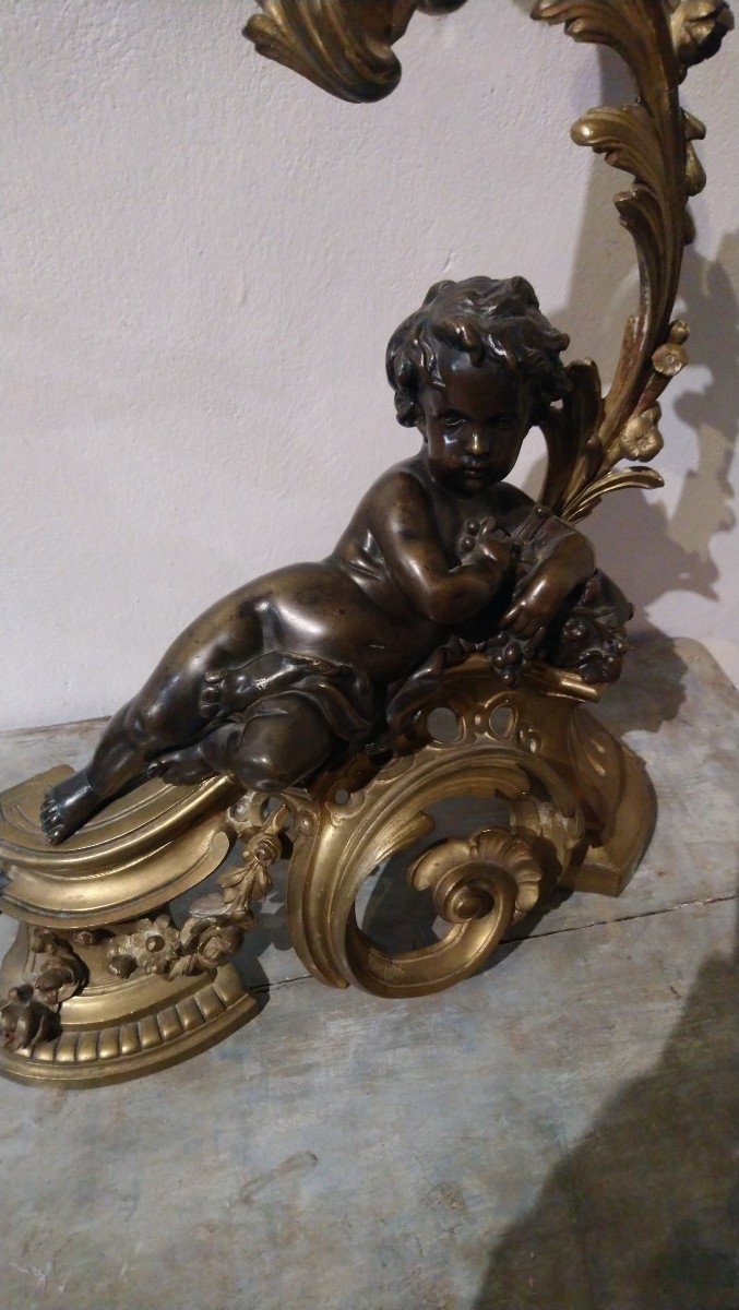 Paire De Chenets En Bronze Aux Amours 19e -photo-5