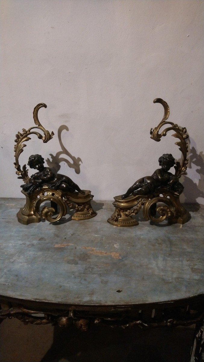 Paire De Chenets En Bronze Aux Amours 19e 