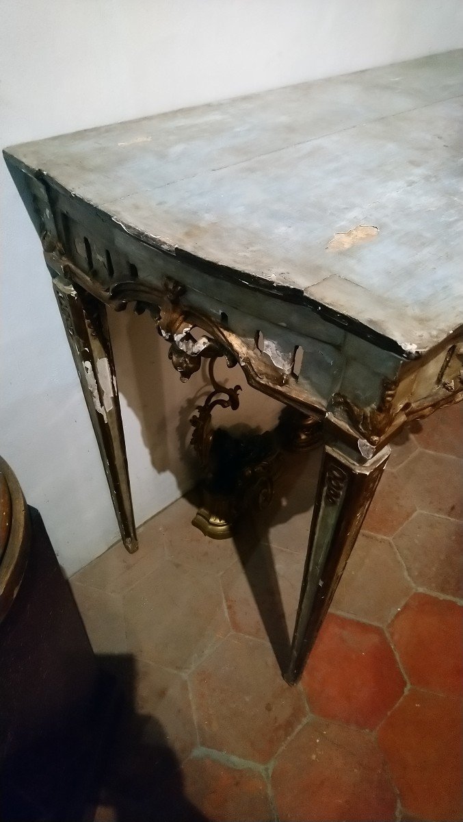 Console Italienne à Quatre Pieds En Bois Peint Et Doré Du 18e -photo-4