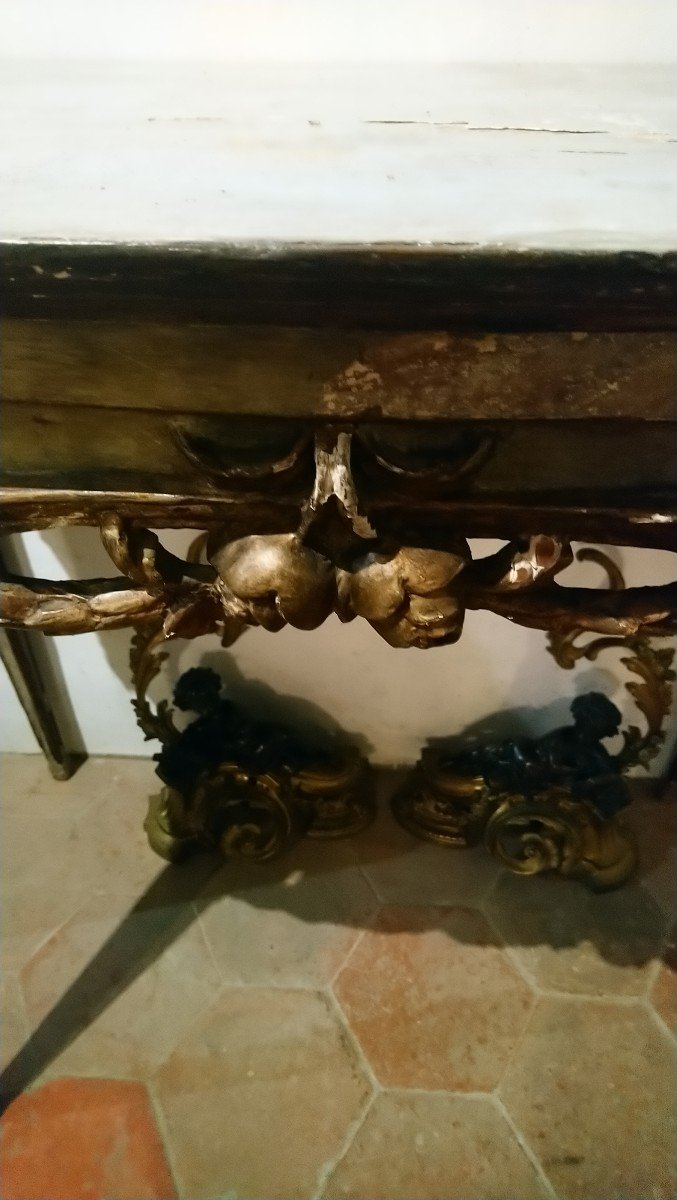 Console Italienne à Quatre Pieds En Bois Peint Et Doré Du 18e -photo-3