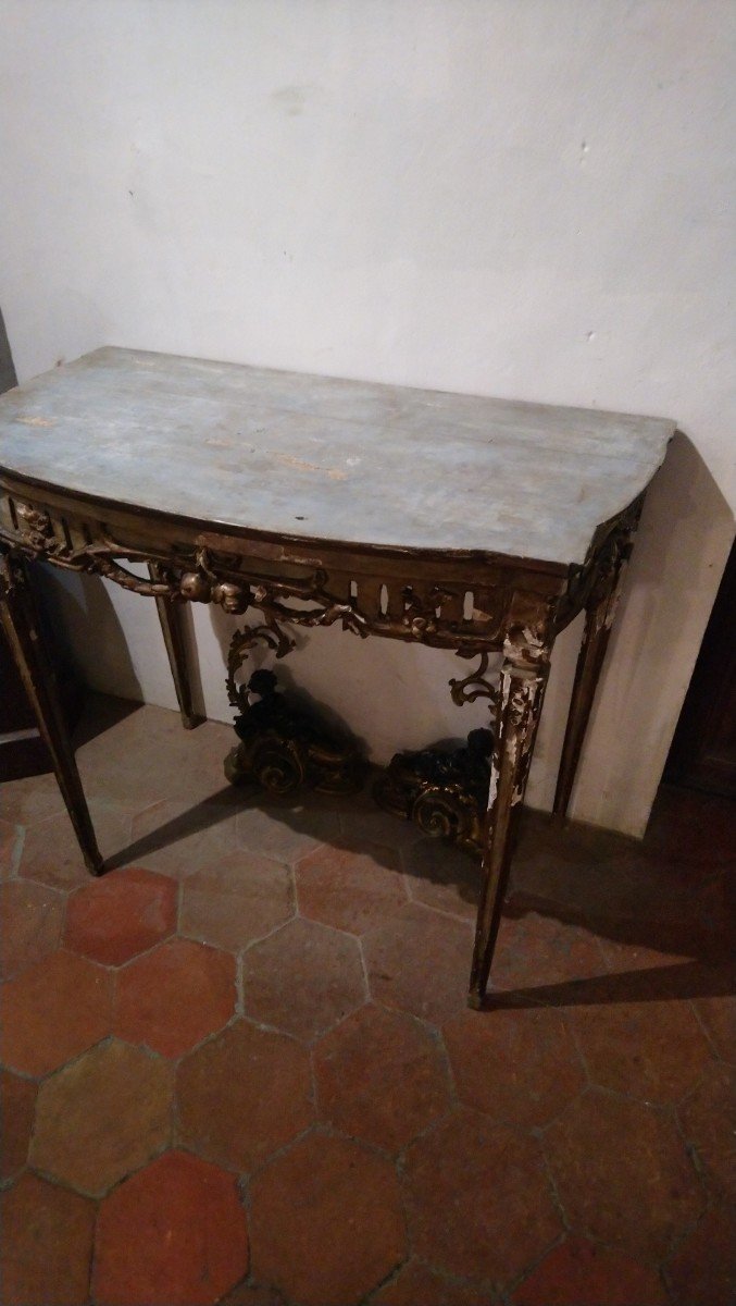 Console Italienne à Quatre Pieds En Bois Peint Et Doré Du 18e -photo-5