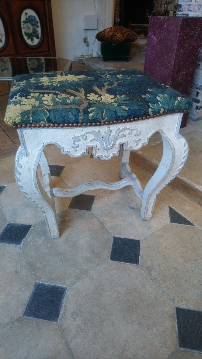 18th Century Coach Stool In Painted Wood And 18th Century Tapestry -photo-3