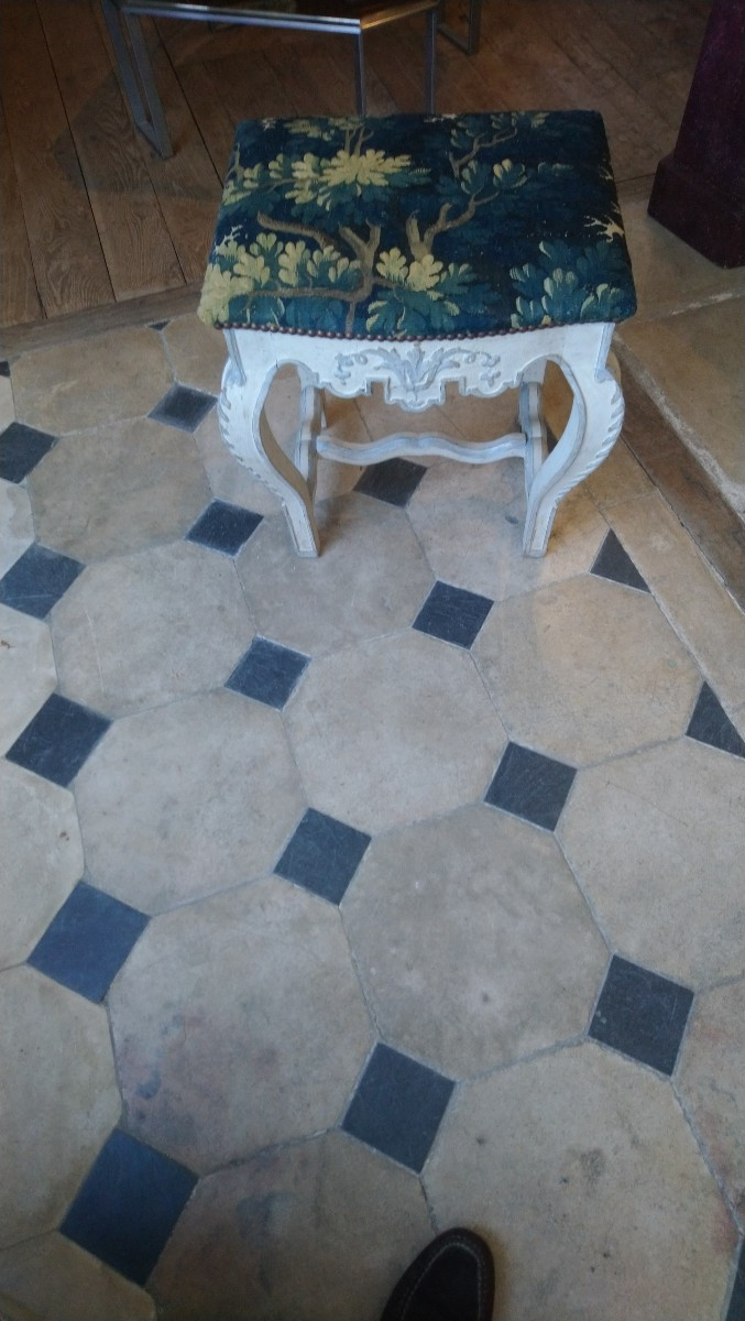 18th Century Coach Stool In Painted Wood And 18th Century Tapestry -photo-6