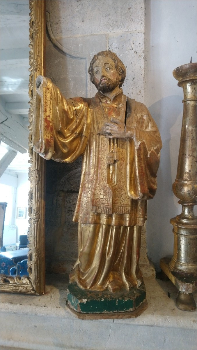 Saint Figure In Gilded Wood, 18th Century -photo-2