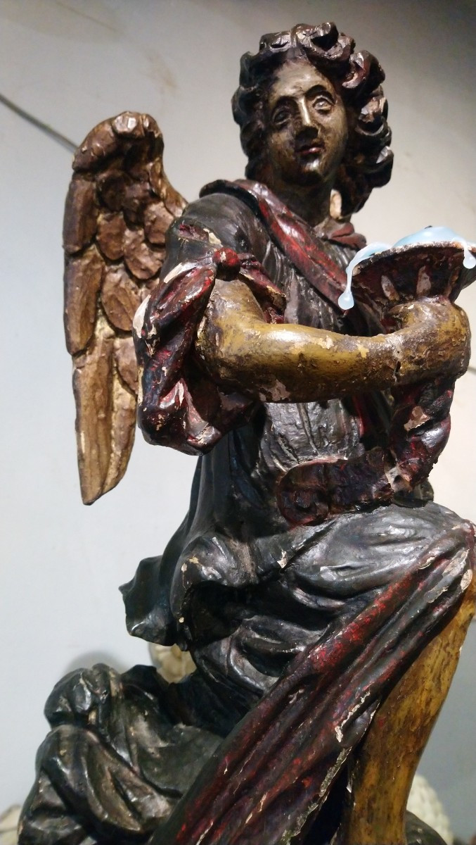 Painted Wooden Candle-bearing Angel, Late 17th/early 18th Century -photo-2