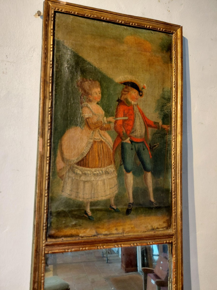 Trumeau Between Two Louis XVI, Late 18th/early 19th Century, In Gilded Wood And Painted Oil On Canvas-photo-2