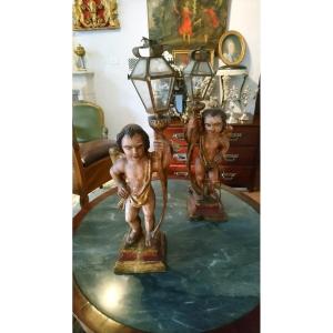 Pair Of Angels Carry Lanterns In Painted Wood Italy 20th 