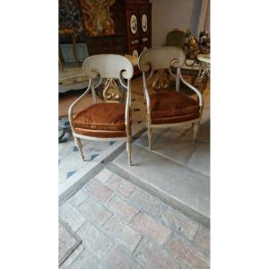 Pair Of Armchairs In Italian Painted And Gilded Wood 19th 