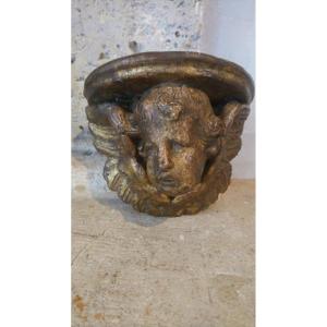 Small Wall Console In Golden Wood With Angel Head Decor 18th 