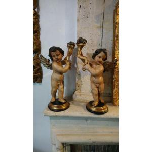 Pair Of Angels In Painted And Gilded Wood Italy 19th 