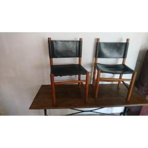 Pair Of French Work Wood And Leather Chairs Circa 1950