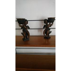 Pair Of Putti Candlesticks In Bronze 20th 