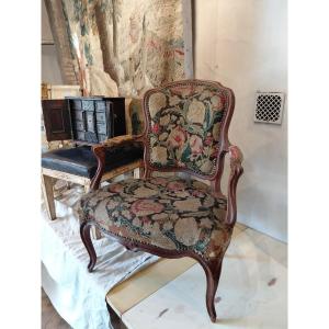 Louis XV Armchair In Natural Wood And Upholstery