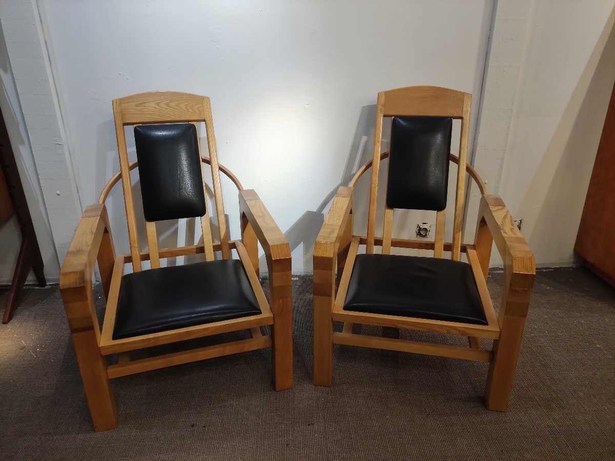 Pair Of Armchairs, Made Of Oak And Leather.