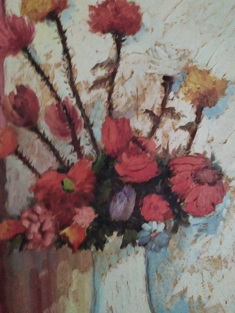Bouquet Of Flowers In White Vase. Oil On Canvas Signed M.ballister-photo-2
