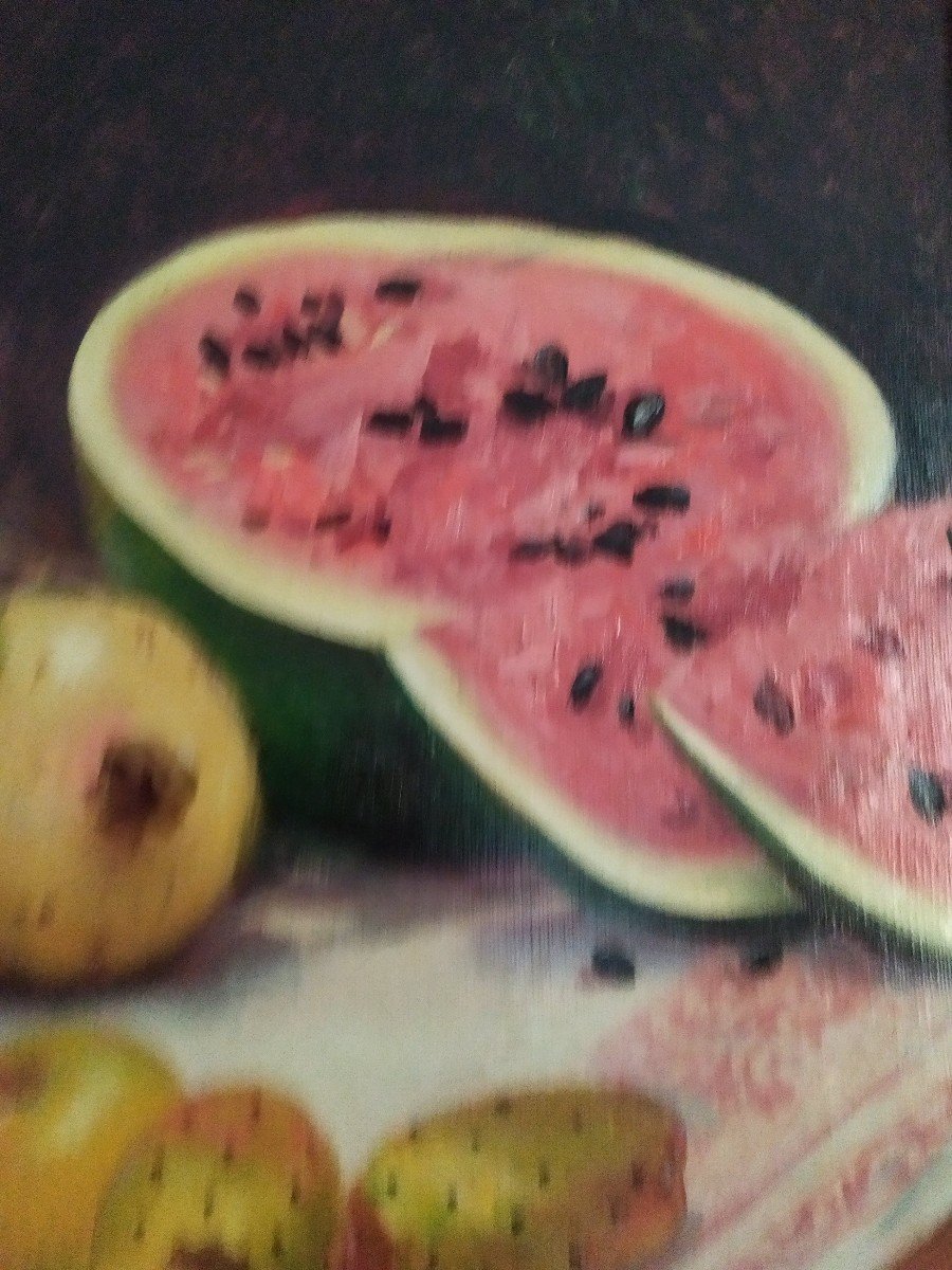 Nature Morte  à  La Pastèque  Et  Aux Grenades . Huile Sur Toile.-photo-2