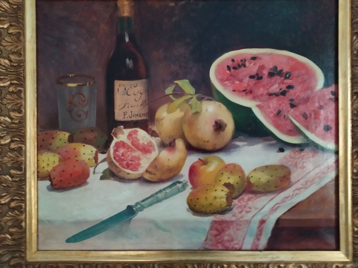 Nature Morte  à  La Pastèque  Et  Aux Grenades . Huile Sur Toile.-photo-4