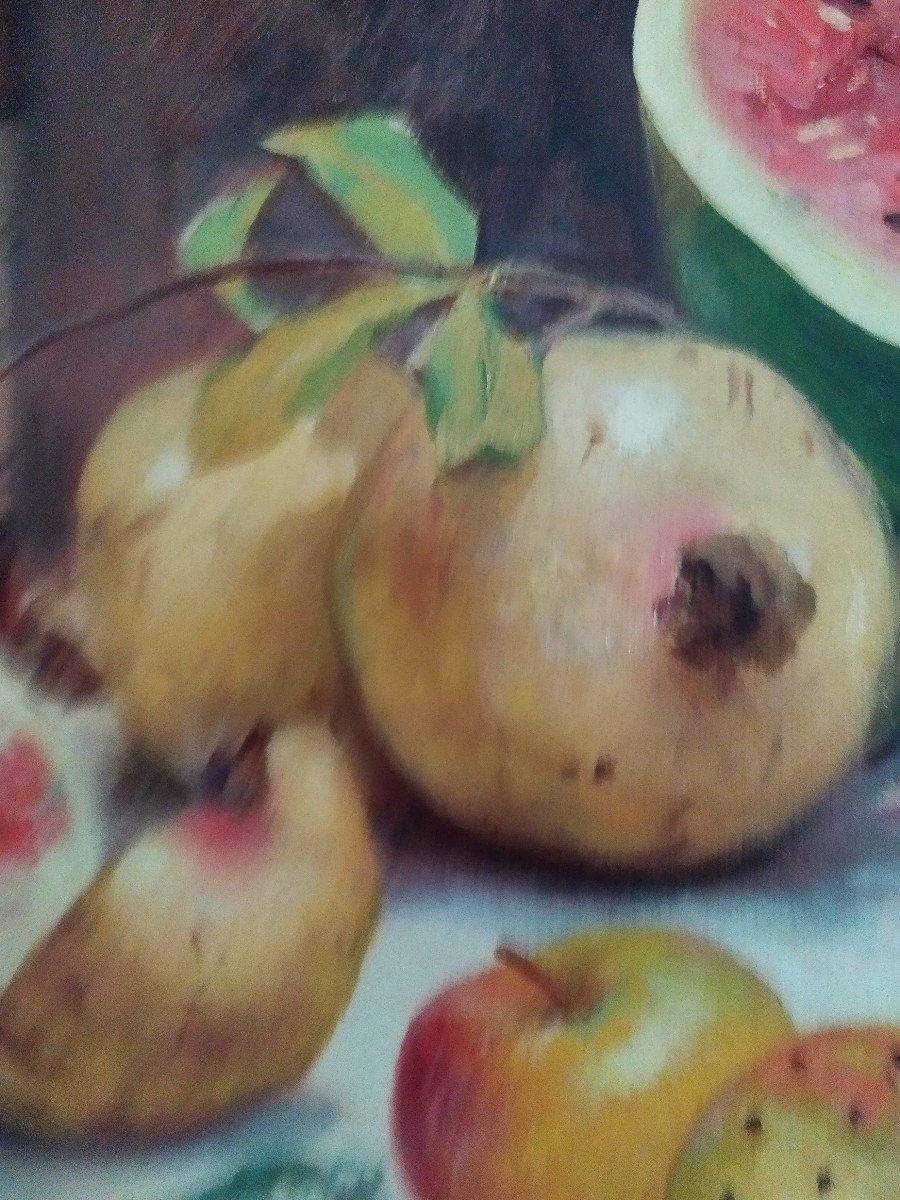 Nature Morte  à  La Pastèque  Et  Aux Grenades . Huile Sur Toile.-photo-2