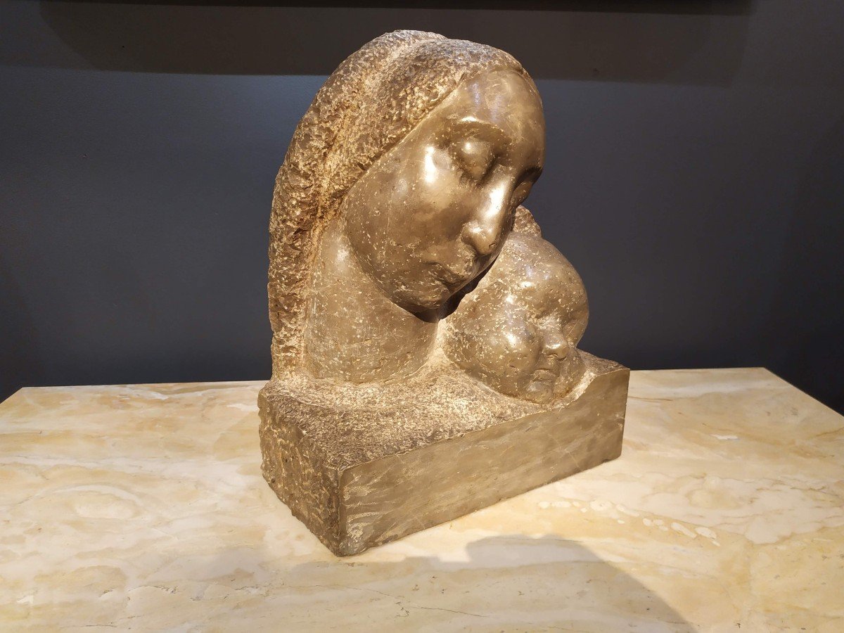 Virgin And Child, In Marble, By Alceo Dossena.-photo-2