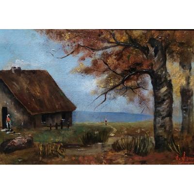 Scene De Campagne , Huile Sur Toile Signée J.jaquet